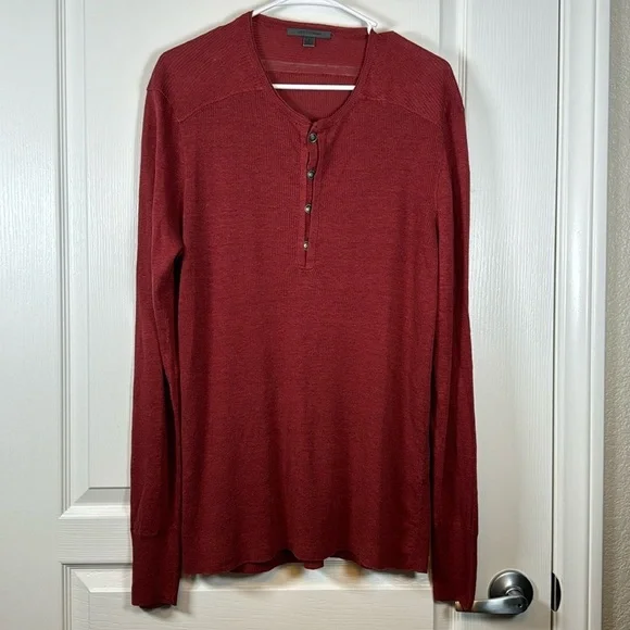 John Varvatos 100% Linen Red Henley Light Sweater Long Sleeve Shirt Large #0031